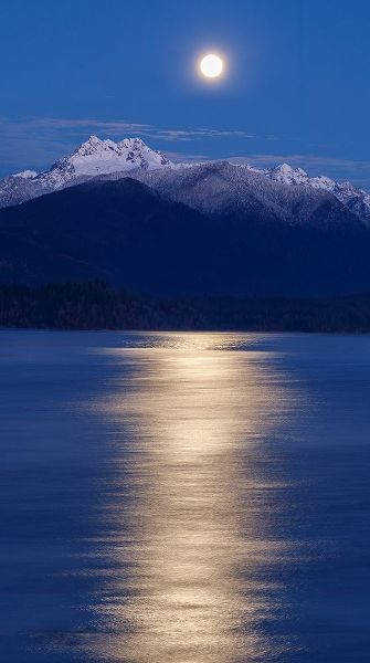 Washington State-Seabeck Moon over Olympic Mountains and Hood Canal at sunrise